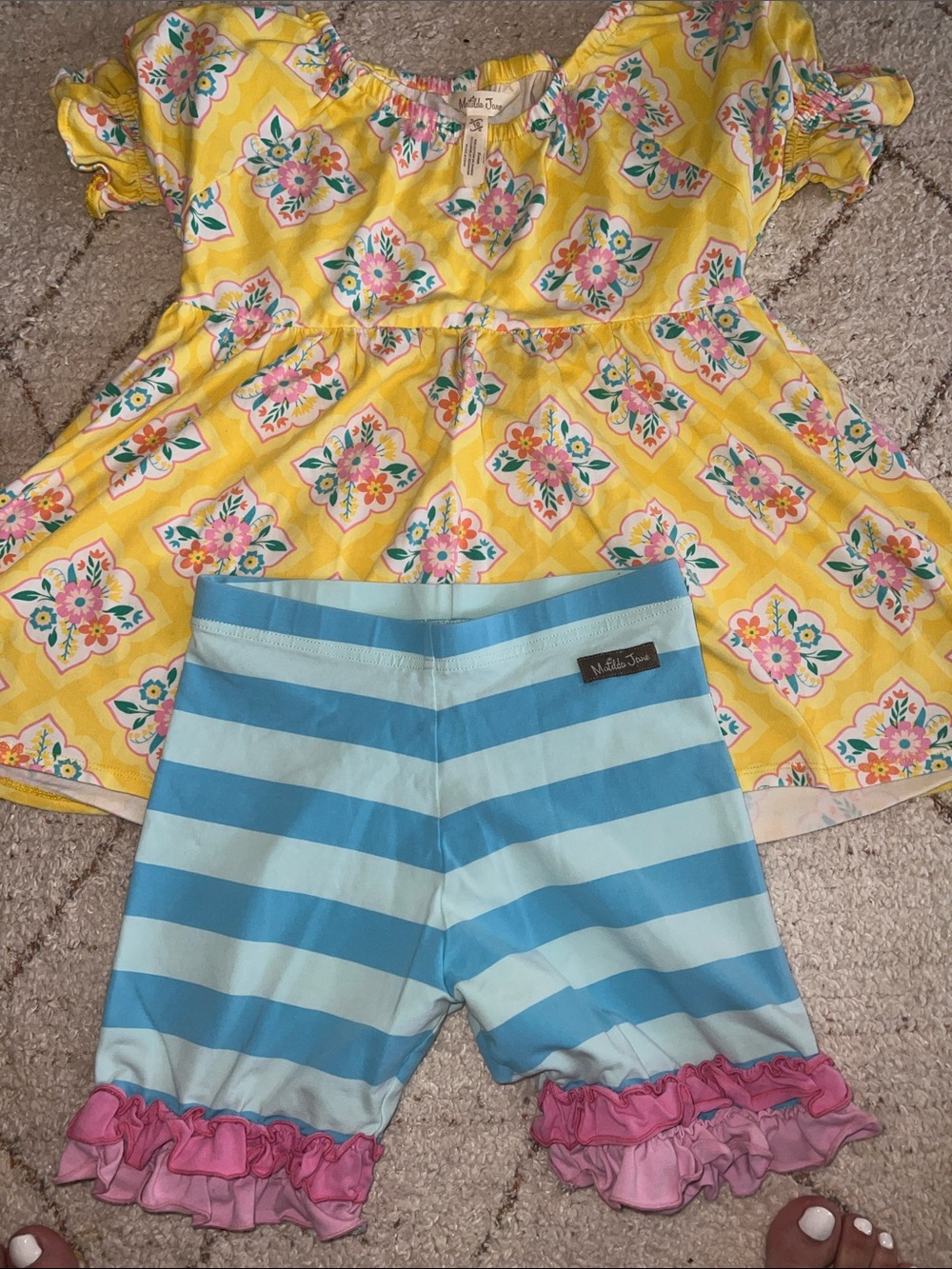 Matilda Jane Blue and Light Blue Striped Bike Shorts with Pink Ruffle